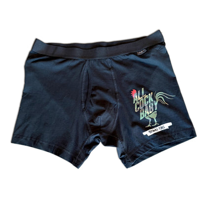 Black boxer briefs with graphic design on a white background