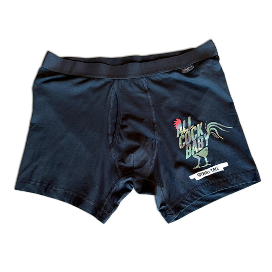 Black boxer briefs with graphic design on a white background